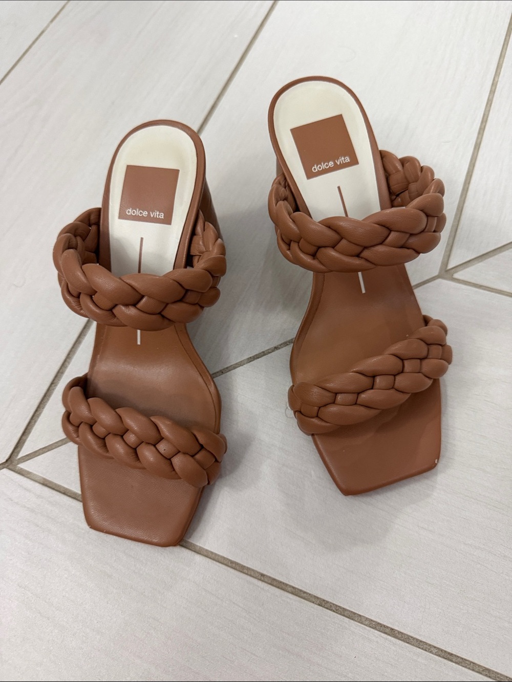 Dolce Vita Braided Double-Strap Slide Heels - Cognac Brown